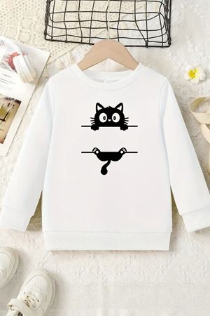 Unisex Beyaz Cocuk Bisiklet Yaka Sweatshirt –Siyah Kedi Baskılı, Şardonlu Kalın Kumaş