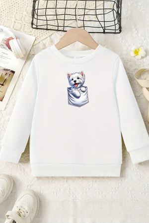 Unisex Beyaz Cocuk Bisiklet Yaka Sweatshirt –Cep Köpek Baskılı, Şardonlu Kalın Kumaş