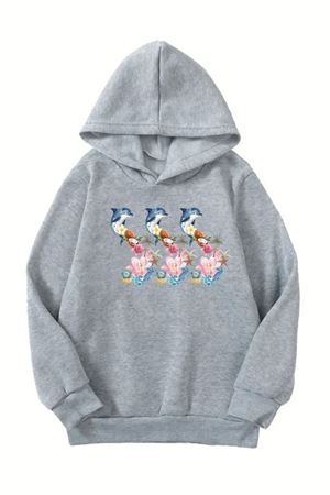 Unisex Gri Cocuk Kapüşonlu Sweatshirt –Üçlü Yunus Baskılı, Şardonlu Kalın Kumaş