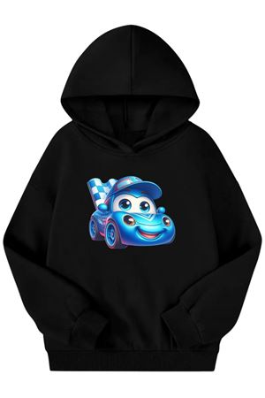 Unisex Siyah Cocuk Kapüşonlu Sweatshirt –Yarıs Arabası Baskılı, Şardonlu Kalın Kumaş
