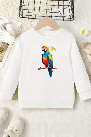 Unisex Beyaz Cocuk Bisiklet Yaka Sweatshirt –Papagan Baskılı, Şardonlu Kalın Kumaş