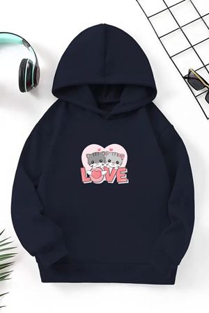 Unisex Lacivert Cocuk Kapüşonlu Sweatshirt –Love,Baskılı Şardonlu Kalın Kumaş