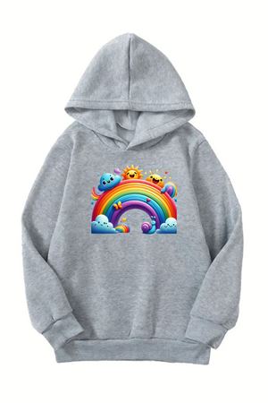 Unisex Gri Cocuk Kapüşonlu Sweatshirt –Gokkusagı Baskılı, Şardonlu Kalın Kumaş