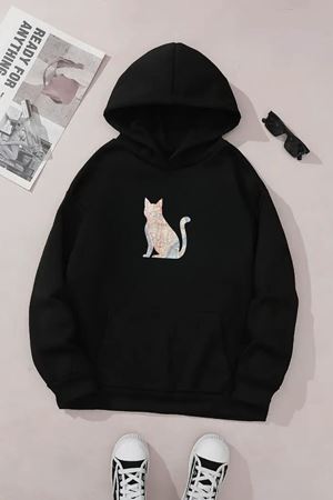 Unisex Siyah Kapüşonlu Sweatshirt – Kedi Baskılı Baskılı, Şardonlu Kalın Kumaş