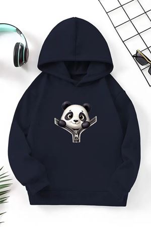 Unisex Lacivert Cocuk Kapüşonlu Sweatshirt –ZipPanda,Baskılı Şardonlu Kalın Kumaş