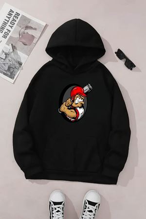 Unisex Siyah Kapüşonlu Sweatshirt – Beyzbol Baskılı, Şardonlu Kalın Kumaş