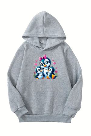 Unisex Gri Cocuk Kapüşonlu Sweatshirt –Penguenler Baskılı, Şardonlu Kalın Kumaş