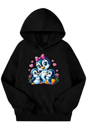 Unisex Siyah Cocuk Kapüşonlu Sweatshirt –Penguen Baskılı, Şardonlu Kalın Kumaş