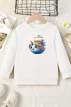 Unisex Beyaz Cocuk Bisiklet Yaka Sweatshirt –Gemi Baskılı, Şardonlu Kalın Kumaş