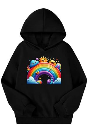 Unisex Siyah Cocuk Kapüşonlu Sweatshirt –GOKKUSAGI Baskılı, Şardonlu Kalın Kumaş