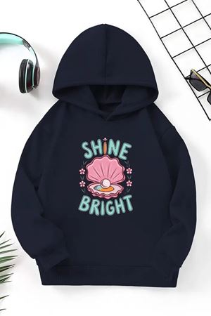 Unisex Lacivert Cocuk Kapüşonlu Sweatshirt –Shine Brıght,Baskılı Şardonlu Kalın Kumaş