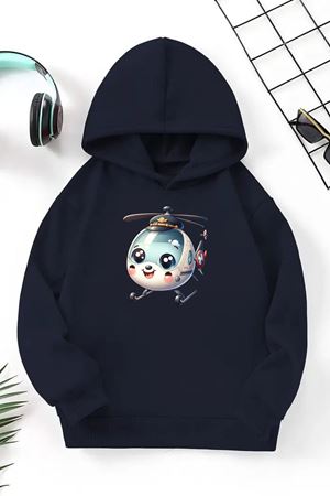 Unisex Lacivert Cocuk Kapüşonlu Sweatshirt –Helikopter ,Baskılı Şardonlu Kalın Kumaş