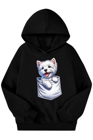 Unisex Siyah Cocuk Kapüşonlu Sweatshirt – Cep Köpek Baskılı, Şardonlu Kalın Kumaş