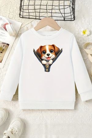 Unisex Beyaz Cocuk Bisiklet Yaka Sweatshirt –Zip Dog, Şardonlu Kalın Kumaş