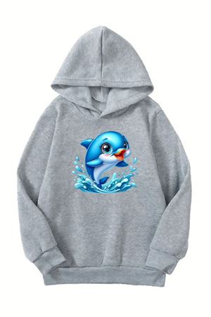 Unisex Gri Cocuk Kapüşonlu Sweatshirt –Balık Baskılı, Şardonlu Kalın Kumaş