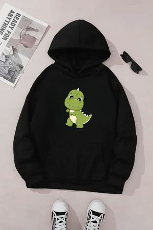 Unisex Siyah Kapüşonlu Sweatshirt – Minik Dinazor Baskılı, Şardonlu Kalın Kumaş
