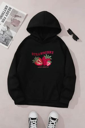 Unisex Siyah Kapüşonlu Sweatshirt – Strawberry Baskılı, Şardonlu Kalın Kumaş