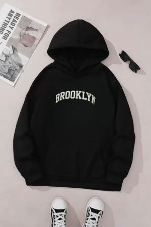Unisex Siyah Kapüşonlu Sweatshirt – Brooklyn Baskılı, Şardonlu Kalın Kumaş