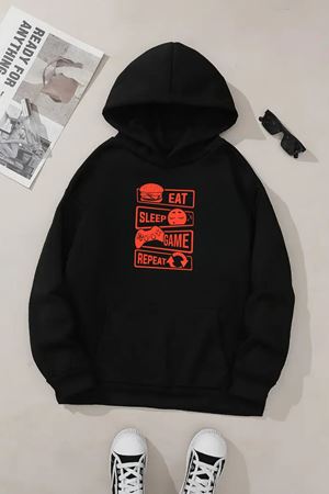 Unisex Siyah Kapüşonlu Sweatshirt – Eat Sleep Game Baskılı, Şardonlu Kalın Kumaş