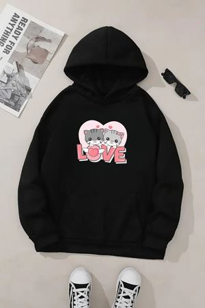 Unisex Siyah Kapüşonlu Sweatshirt – Love Kedicik Baskılı, Şardonlu Kalın Kumaş