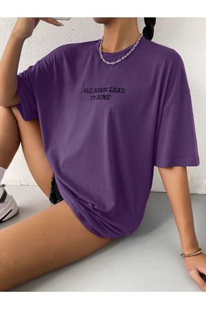 To Rome T-shirt - Mor Baskılı Oversize Bisiklet Yaka Kısa Kol Tişört
