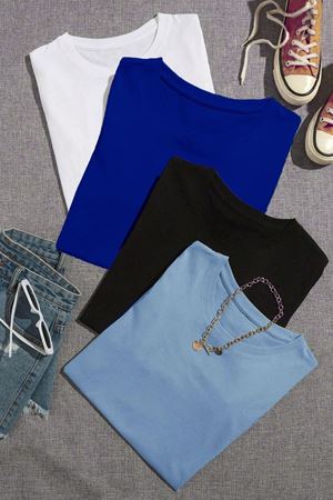 Düz Basic 4'lü Çoklu Kombin T-shirt - Beyaz Saks Mavi Siyah Bebe Mavi Oversize Bisiklet Yaka