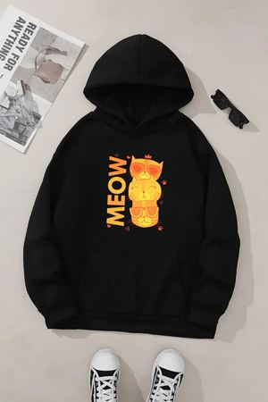 Unisex Siyah Kapüşonlu Sweatshirt – Meow Kedicik Baskılı, Şardonlu Kalın Kumaş