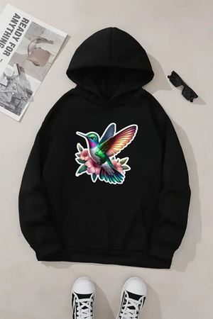 Unisex Siyah Kapüşonlu Sweatshirt – Kuş Baskılı, Şardonlu Kalın Kumaş