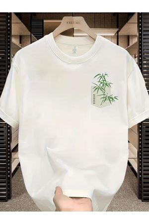 Beyaz Oversize Tişört – Cep Üstü Bambu Bitkisi Baskılı Unisex Model