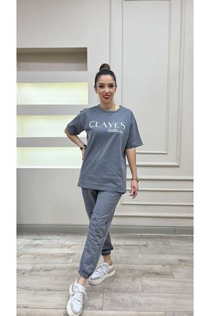 Clayes Studio Co Baskılı Füme T-shirt Eşofman Altı Tişört Takım - Oversize Unisex