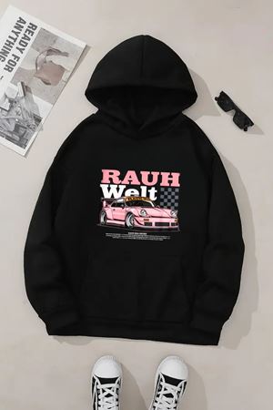 Unisex Siyah Kapüşonlu Sweatshirt – Rauth Welt Pembe Baskılı, Şardonlu Kalın Kumaş
