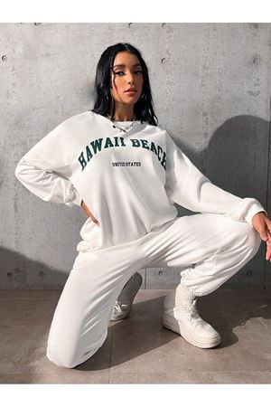 Hawaii Beach Eşofman Takımı Sweatshirt Jogger - Beyaz Baskılı Oversize Şardonlu Bisiklet Yaka