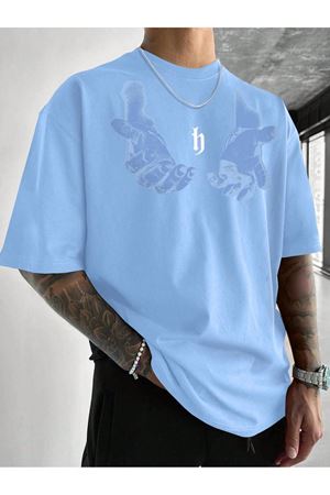 Erkek El Baskı Oversize Bebe Mavi Baskılı T-shirt - Bisiklet Yaka Kısa Kol Rahat Kalıp Tişört