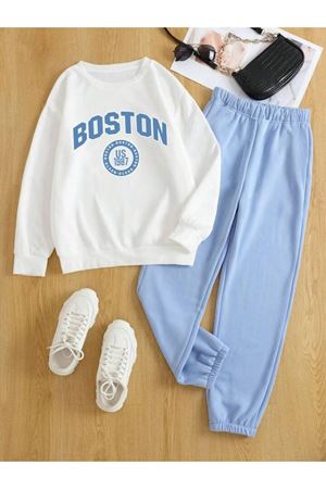 Boston 1987 Eşofman Takımı Beyaz Sweatshirt Bebe Mavisi Jogger - Baskılı Oversize Bisiklet Yaka