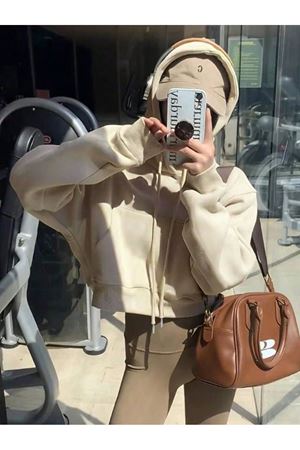Kadın Bej Düz Oversize Crop Sweatshirt - Kapüşonlu