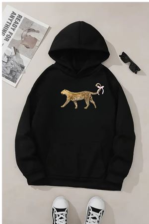 Unisex Siyah Kapüşonlu Sweatshirt – Leopar Baskılı, Şardonlu Kalın Kumaş