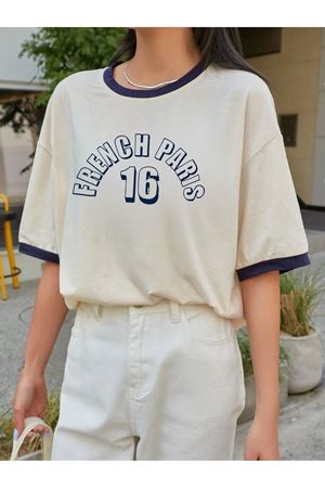 French Paris Parçalı Süprem T-Shirt - Bej Lacivert Oversize Bisiklet Yaka Kısa Kol Tişört