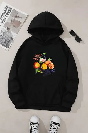 Unisex Siyah Kapüşonlu Sweatshirt – Vacation Baskılı, Şardonlu Kalın Kumaş