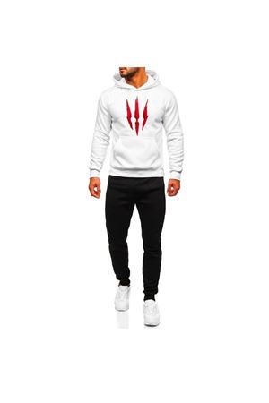 Witcher Pençe Eşofman Takımı Beyaz Sweatshirt Siyah Jogger - Baskılı Oversize Şardonlu Kapüşonlu