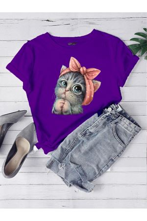 Oversize Mor Sevimli Minik Kedi Baskılı T-shirt Unisex Rahat Kalıp