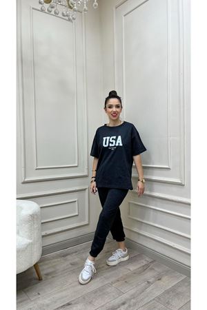 Usa T-shirt Eşofman Altı Jogger- Beyaz Baskılı Antrasit Eşofman Takım Oversize Bisiklet Yaka