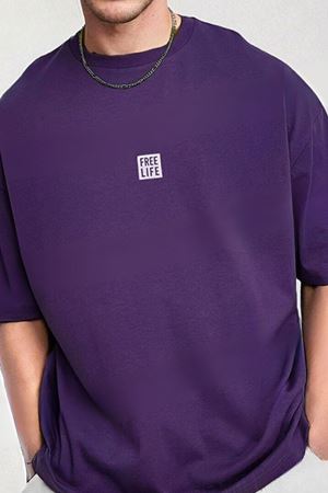 Free Life Oversize Mor Baskılı T-shirt - Bisiklet Yaka Kısa Kol Rahat Kalıp Tişört