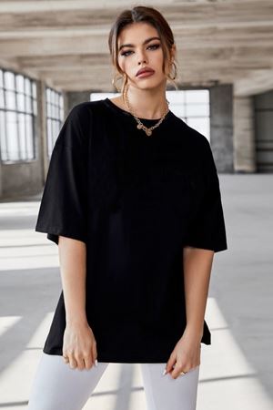 Düz Basic T-shirt - Siyah Oversize Bisiklet Yaka Kısa Kol Tişört