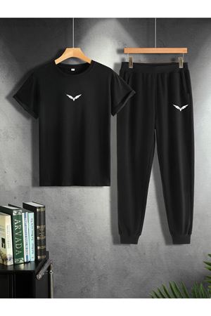 Kanat T-shirt Eşofman Alt Jogger-siyah Baskı Alt Üst Eşofman Takım Oversize Bisiklet Yaka