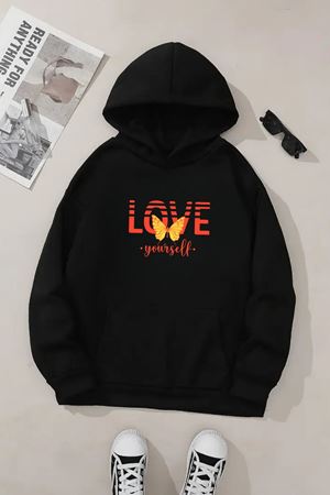 Unisex Siyah Kapüşonlu Sweatshirt – Love Yourself Baskılı, Şardonlu Kalın Kumaş