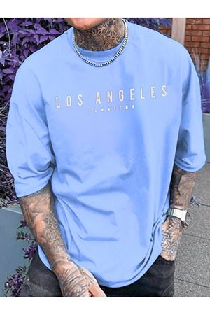 Los Angeles Downtown Süprem T-Shirt - Bebe Mavi Baskılı Oversize Bisiklet Yaka Kısa Kol Tişört