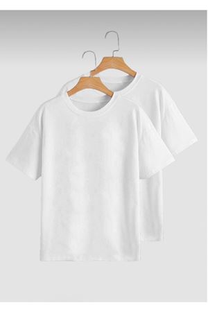 Basic Düz 2'li Çoklu Kombin T-shirt - Beyaz Oversize Bisiklet Yaka