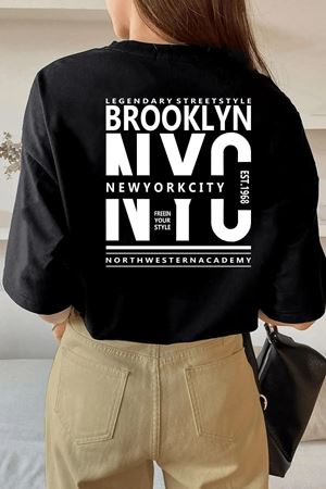 Unisex Siyah Pamuklu Oversize T-shirt Brooklyn Baskılı
