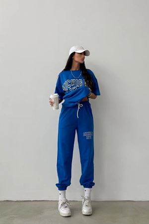 Michigan T-shirt Eşofman Altı Jogger - Mavi Baskı Alt Üst Eşofman Takımı Oversize Bisiklet Yaka