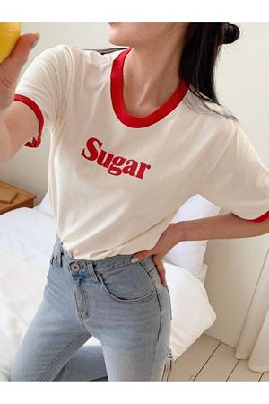 Sugar Parçalı Süprem T-Shirt -Kırmızı Beyaz Oversize Bisiklet Yaka Kısa Kol Tişört